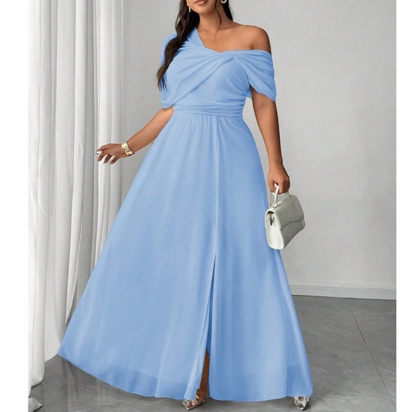 Plus One Shoulder Split thigh Party Evening Gown Dress - Picture 14 of 16